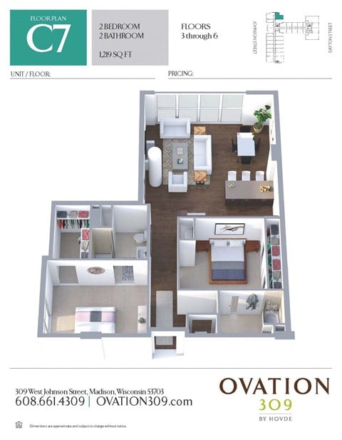 Floor plan for 2 beds, 2 baths, 1219 sqft